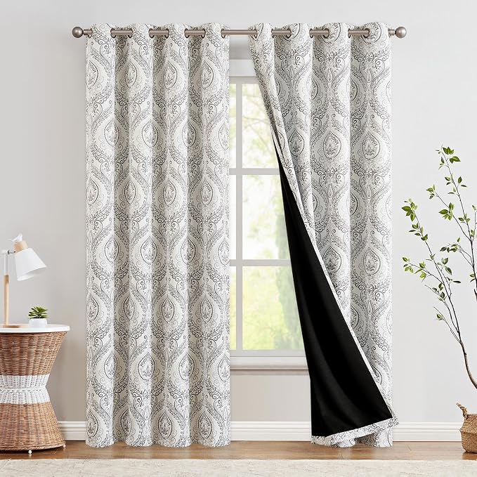 jinchan Grey Blackout Curtains 90 Inch Damask Vintage Grommet 2 Panels | Room by JINCHAN