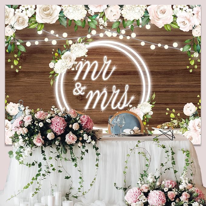 Mr and Mrs Wedding Backdrop Banner Decorations 7x5Ft | Rose Floral Wooden - Image 3