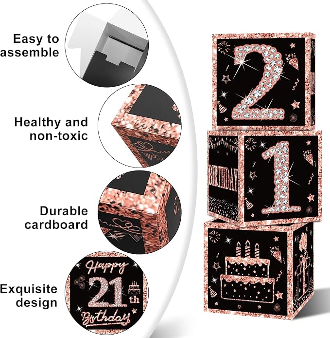 Eiurteao 3pcs Rose Gold 21st Birthday Decorations Boxes - Image 4