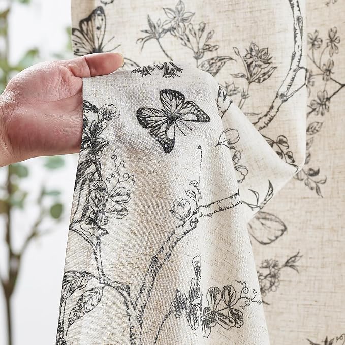 Black Floral Linen Curtains Farmhouse Rod Pocket 50W X 108L 2 Panels | - Image 5