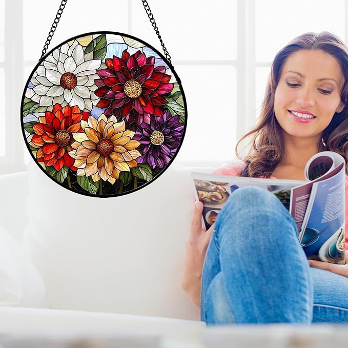 Stained Glass Window Hanging, Colorful Flowers Sun Catcher for Window Door Home Decor Plant Suncatcher Christmas Mother's Day Birthday Gifts for Women Men Mom and Nana 7.8 in