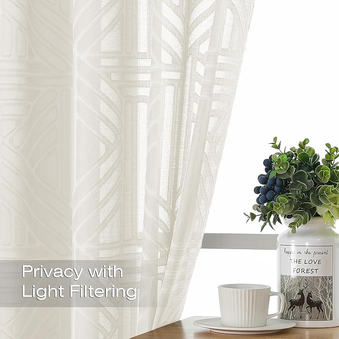 Simplebrand Semi Sheer Ivory Curtains 36 Inch Length 2 Panels, Geometric - Image 3