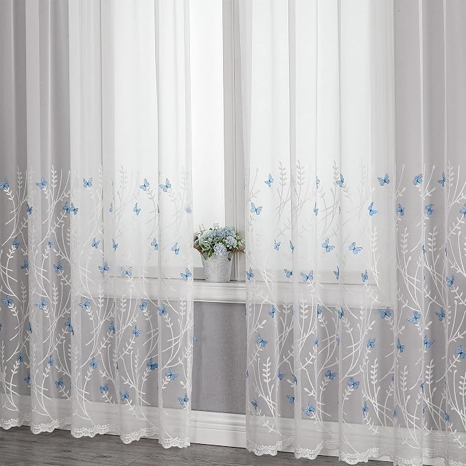 White Sheer Voile Curtains White Embossed Butterflies 63 Inches | Light - Image 8