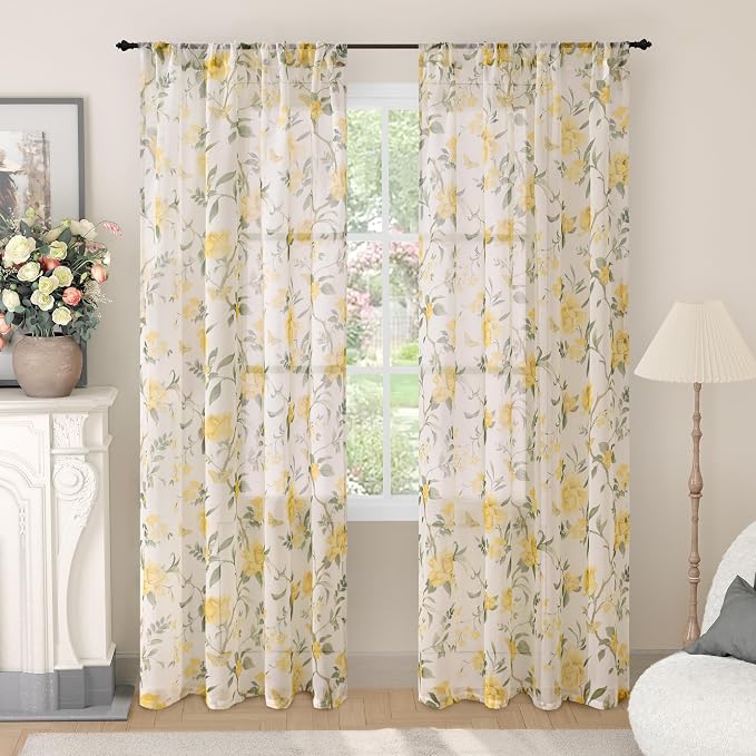 Floral Sheer Curtains for Bedroom Window 72 Inch Length 2 Panels, Farmhouse by Lajode