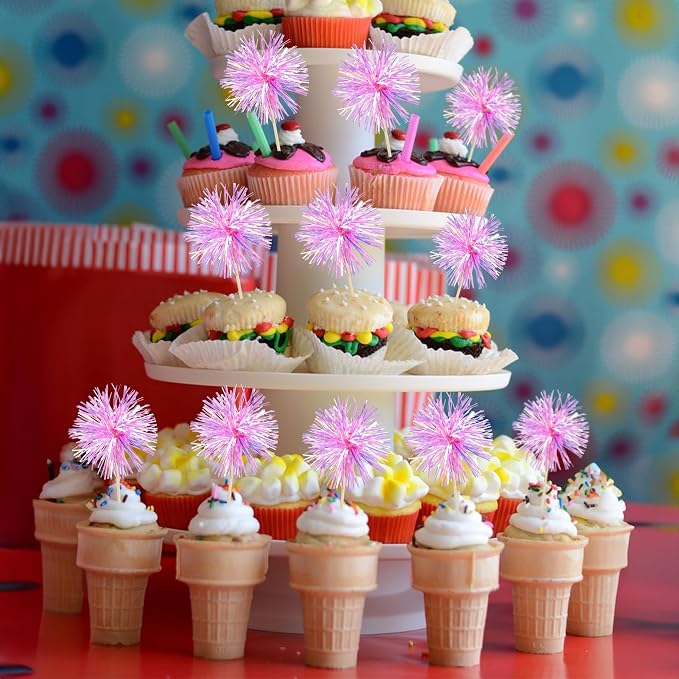 Gyufise 30Pcs Foil Firework Cupcake Toppers Sparkle Tinsel Cake Toppers Tinsel - Image 7