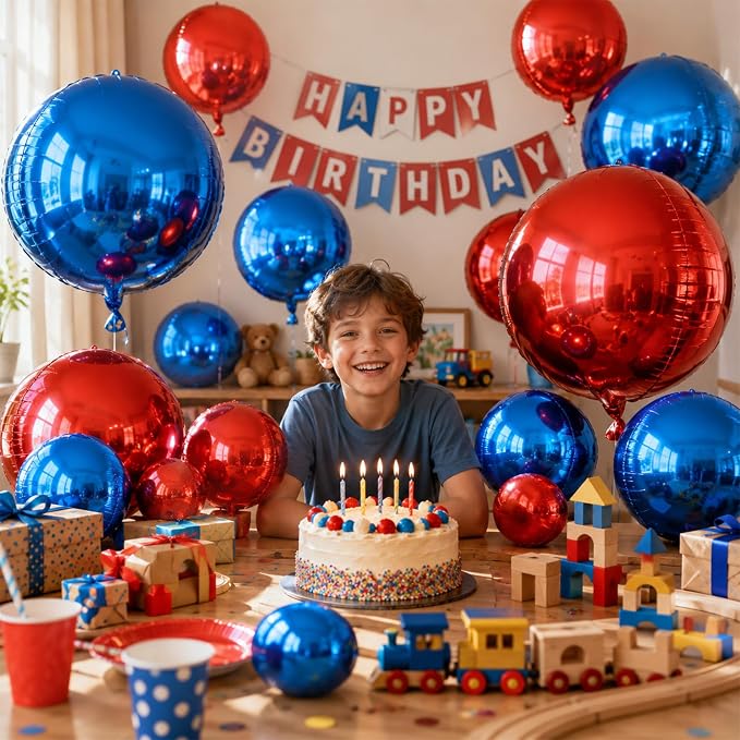 Blue and Red Round Foil Balloons, Metallic Red Blue Large Balloons - Image 4