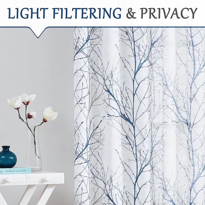 FMFUNCTEX Linen Blue White Semi Sheer Patio Curtains 96 Inch Long 1 Panel | - Image 3