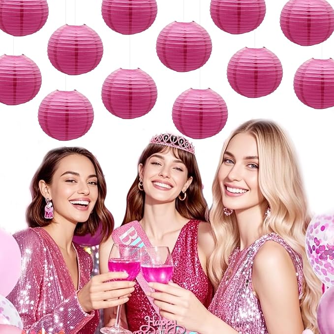 Hot Pink Paper Lanterns Decorative Hanging Round Shape Lanterns 8inch | - Image 5