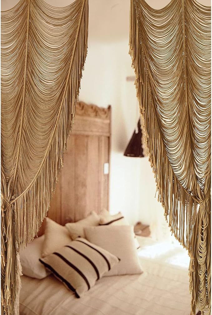 Macrame Curtain Handmade Khaki Boho Doorway window Curtain Room 41"W*75"L | - Image 4