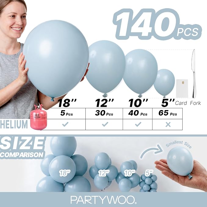 PartyWoo Dusty Blue Balloons 140pcs Light Blue Aqua Boho Color | 18 12 10 5 - Image 6