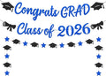 Blue Graduation Decorations 2026, Glitter Black and Blue Congrats Grad Banner by Unknown