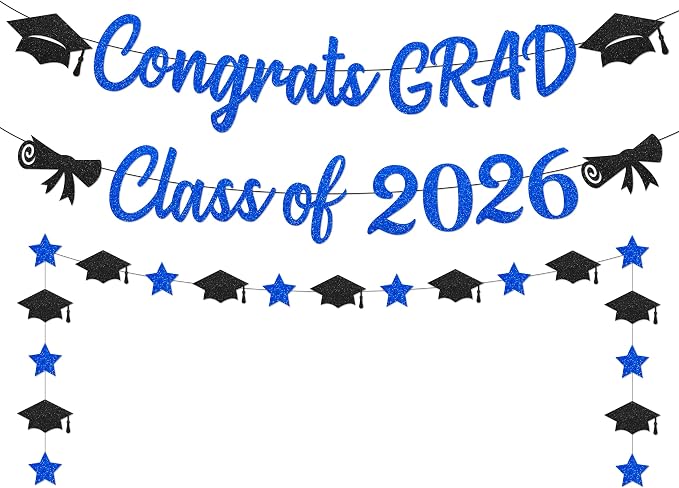 Blue Graduation Decorations 2026, Glitter Black and Blue Congrats Grad Banner by Unknown
