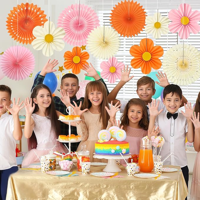 ADLKGG Orange Pink Floral Wall Backdrop, Groovy Sunset Party Decorations | 12 - Image 3
