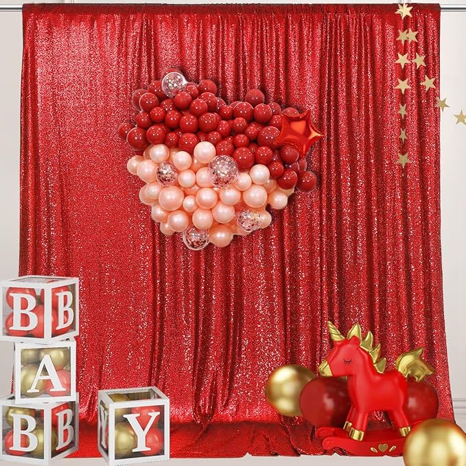 PartyDelight Red Sequin Backdrop 6x8ft Sparkly Photo Curtain | 4 Inch Rod - Image 5