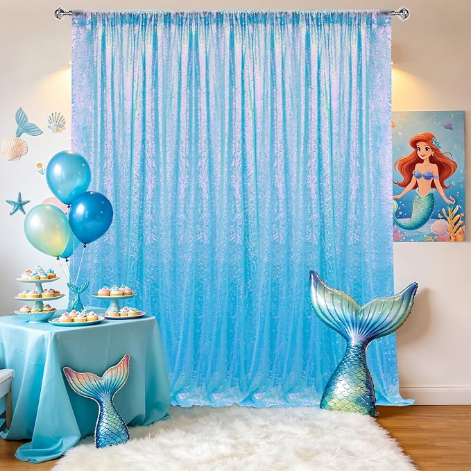 4×8FT-2PCS Mermaid Blue Sequin Backdrop Curtains Panels, Photography Backdrop - Image 2