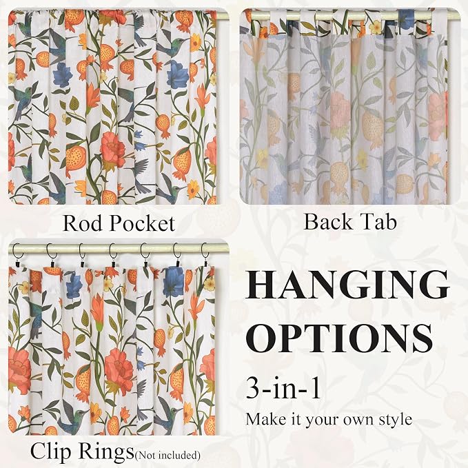 White Floral Linen Curtains, Boho Whimsical Bird Print Curtains - Image 8