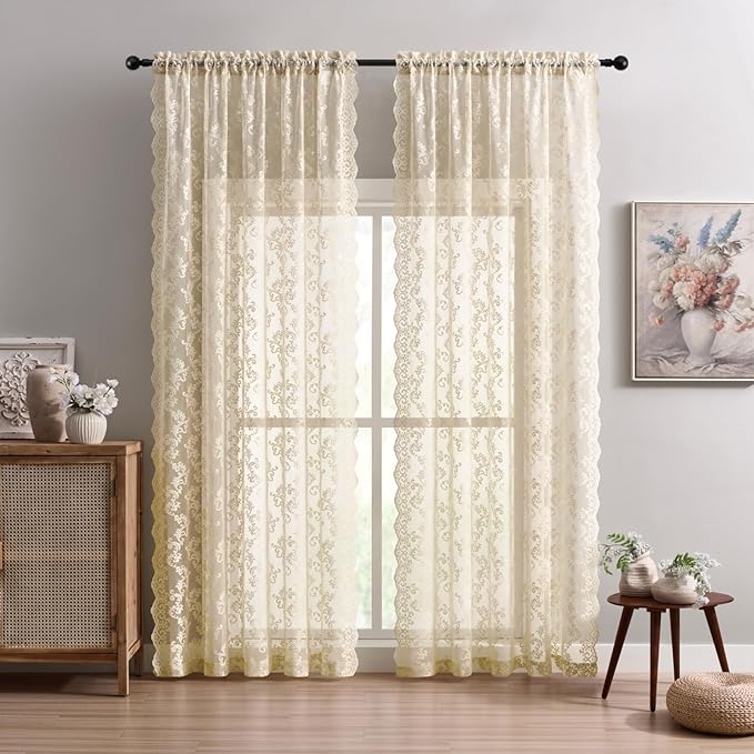 Beige Lace Vintage Paisley Floral Curtains - Image 2