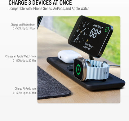 Nimble Podium 3-in-1 Wireless Charging Station for Apple, Qi2-Certified 15W Magsafe Charger Stand, Wireless Charger for iPhone 17 16 15 14 13 - Apple Watch - Airpods Series (Charger & USB-C Included)