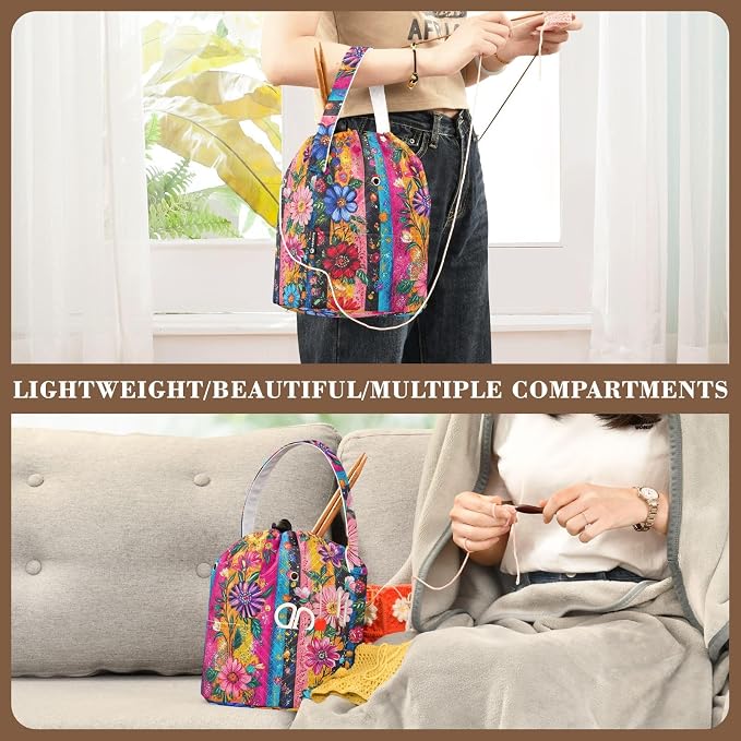 Ethnic Fiesta Striped Mexican Floral Yarn Bag Small Crochet Bag Drawstring Yarn - Image 5