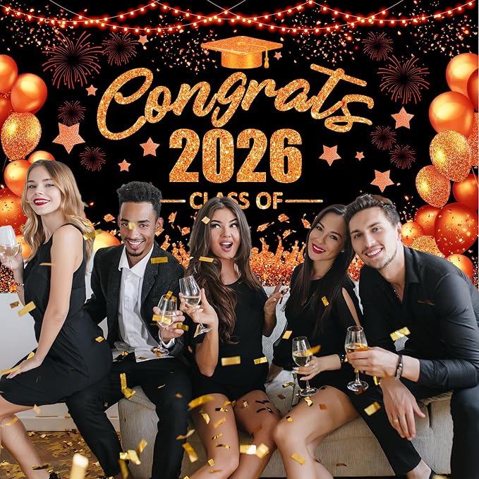 Orange and Black Graduation Decorations Congrats Class of 2026 Banner - Image 2