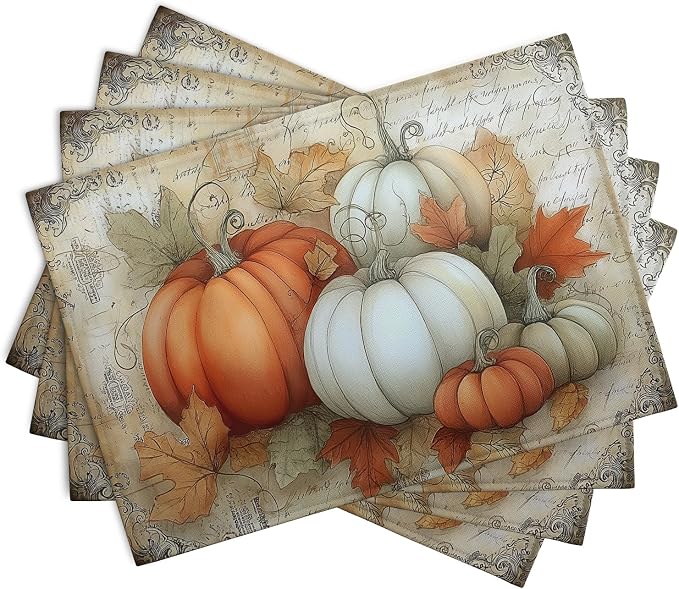 Fall Pumpkin Placemats Set of 4 Vintage Autumn Maple Leaf Seasonal Place Mats - Image 2