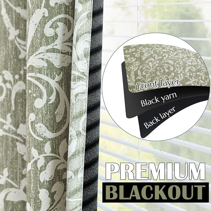 Green Floral 100% Blackout Curtains 84 Inch Vintage Grommet 2 Panels | Room - Image 3