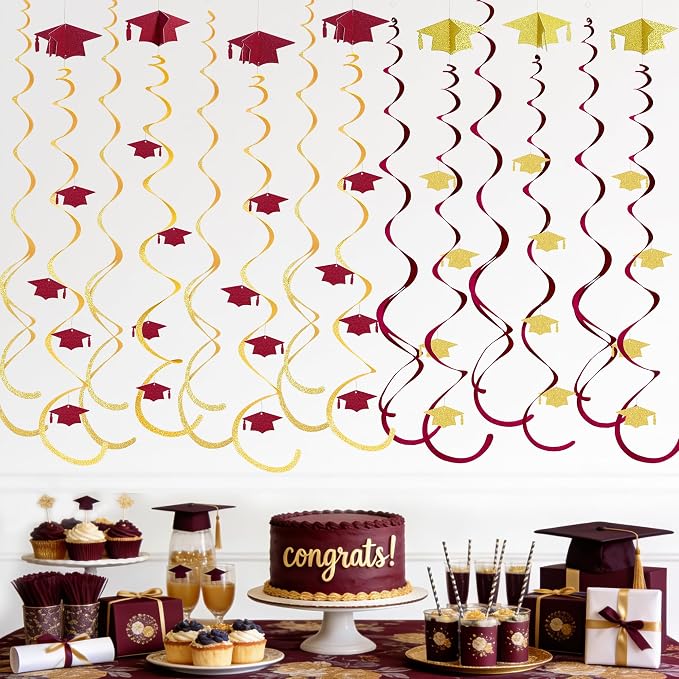 24Pcs Maroon Gold Graduation Grad Cap Hanging Felt Swirl Streamer Spiral - Image 4