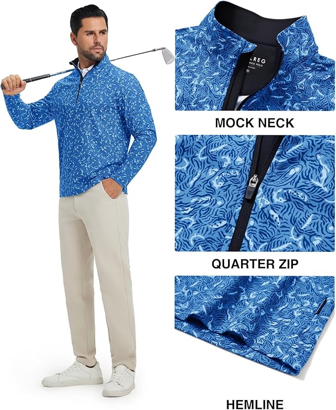 M MAELREG Quarter Zip Golf Pullover Men Dry Fit Long Sleeve Performance Wicking 1/4 Zip Full Print Pullover Mens Sweatshirt
