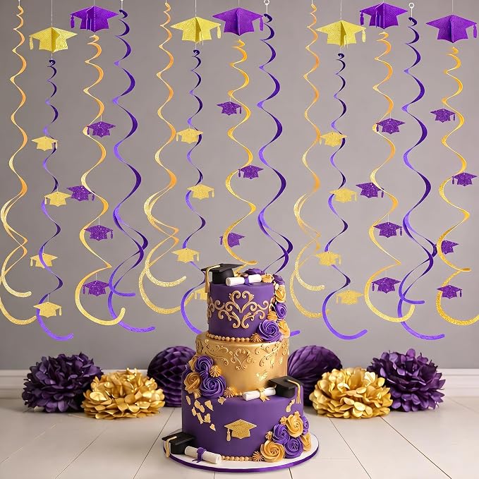 24Pcs Purple Gold Graduation Grad Cap Hanging Felt Swirl Streamer Spiral - Image 6