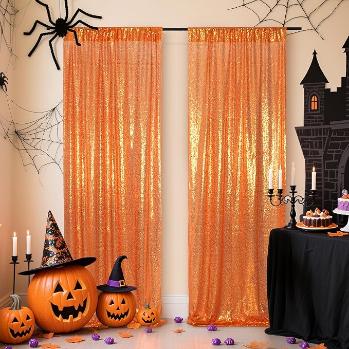 Poise3EHome Orange Sequin Backdrop Curtain, 2 Panels 2FTx8FT Glitter Background - Image 2