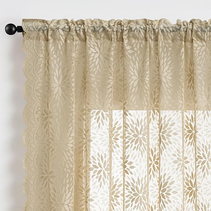 MIULEE Vintage Floral Scalloped Lace Curtains 2 Panels, Short Semi Sheer - Image 6
