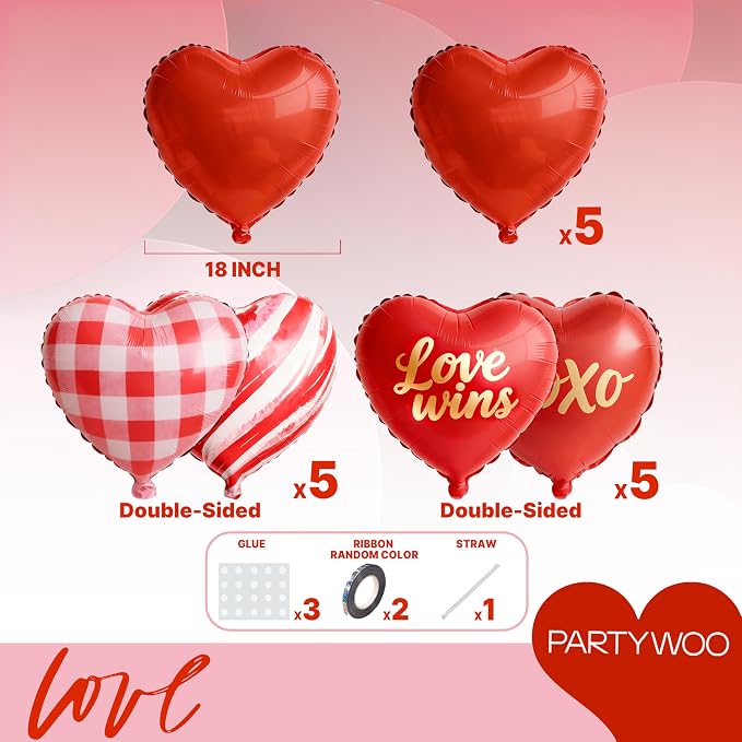 PartyWoo Red Mylar Day Heart Foil Latex Balloons 15pcs 18 Inch | Balloons - Image 6