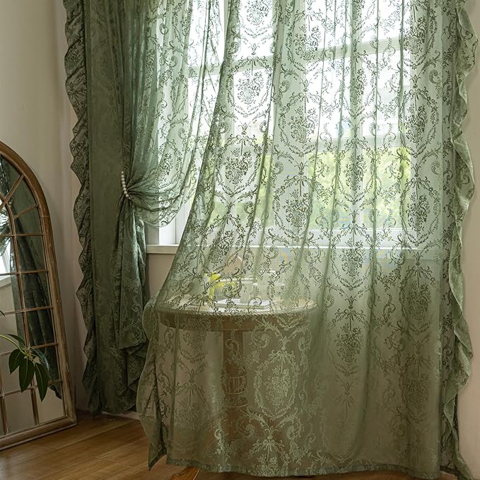 Deeprove Olive Green Boho Sheer Lace Ruffled Curtains 2 Panels Crochet 84 Inch - Image 9