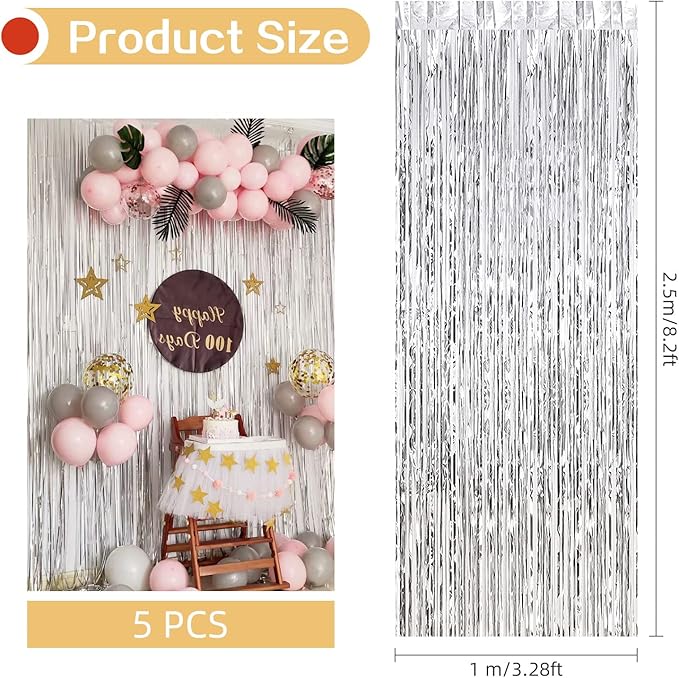 5 Pack Silver Fringe Backdrop 3.2ft x 8.2ft Silver Foil Fringe Curtains Party Tinsel Curtain Backdrop Streamers for Birthday Party Decoration Wedding Christmas Decoration (Silver)