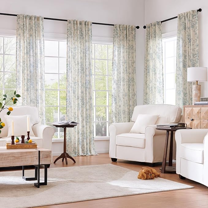 jinchan Blue Floral Linen Curtains 90 Inch Vintage Back Tab 2 Panels | Light - Image 2
