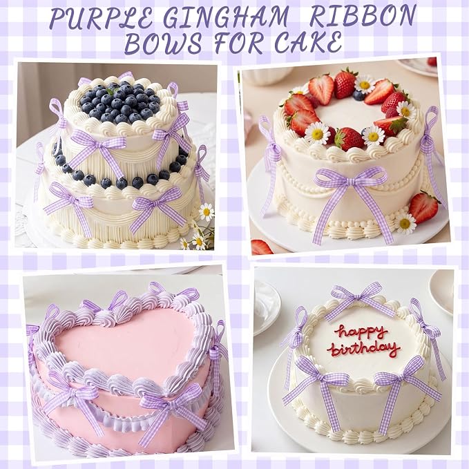 30 Pack Bow Cake Toppers Purple Gingham Ribbon Bows - Image 2