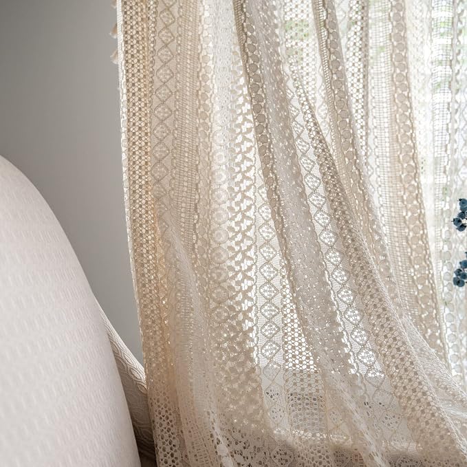 Sutuo Home Boho Curtain Crochet Lace Semi-Sheer Bohemian Hollow Knitted - Image 2