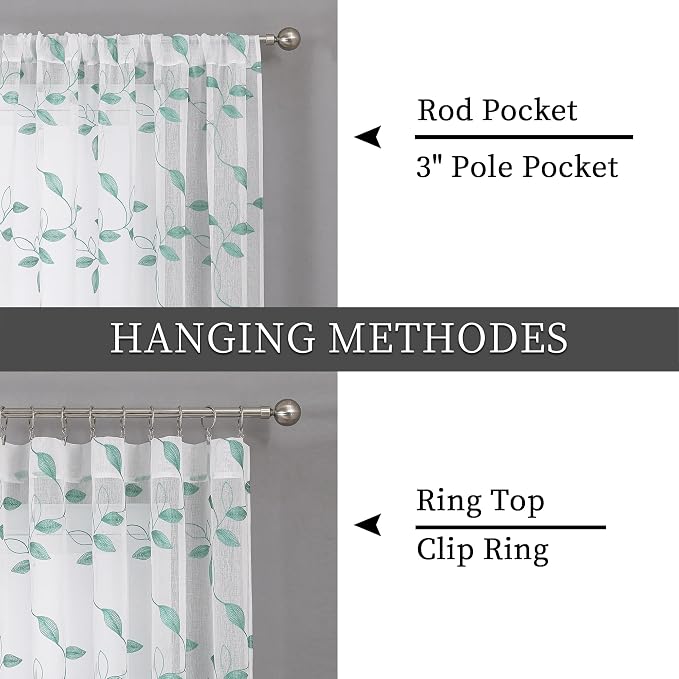 Tollpiz Teal Blue Leaf Sheer Curtain Leaves Embroidered Living Room Short - Image 5