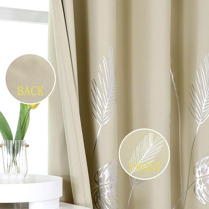 Silver Palm Leaf and Wheat Pattern Beige Blackout Curtains - Image 3