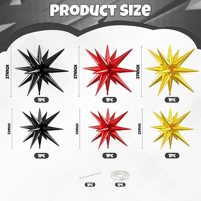 Gold Red Black Star Balloons, 22/27 Inch Red Gold Black Star Foil Balloons - Image 2