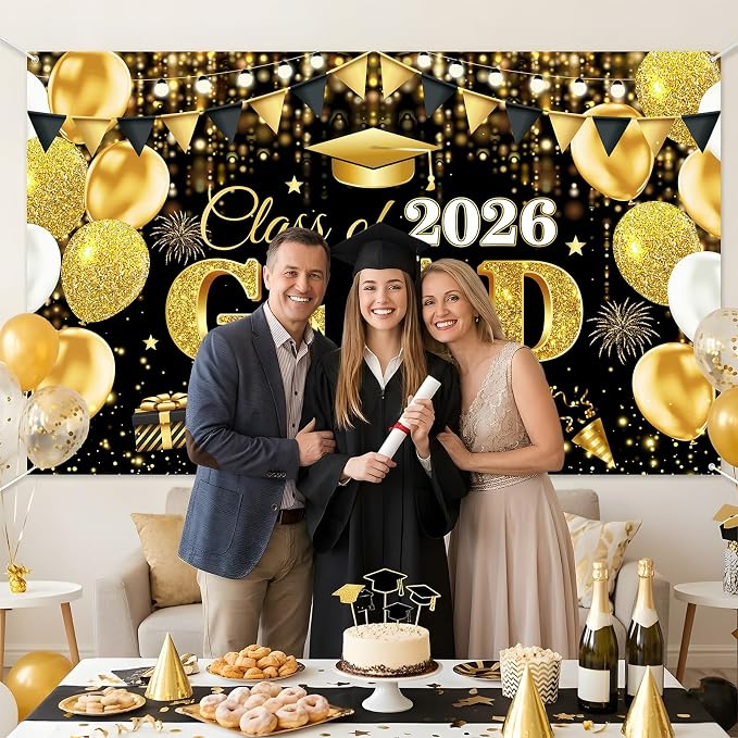2026 Graduation Decorations Banner Black Gold Class of 2026 Grad Banner - Image 4