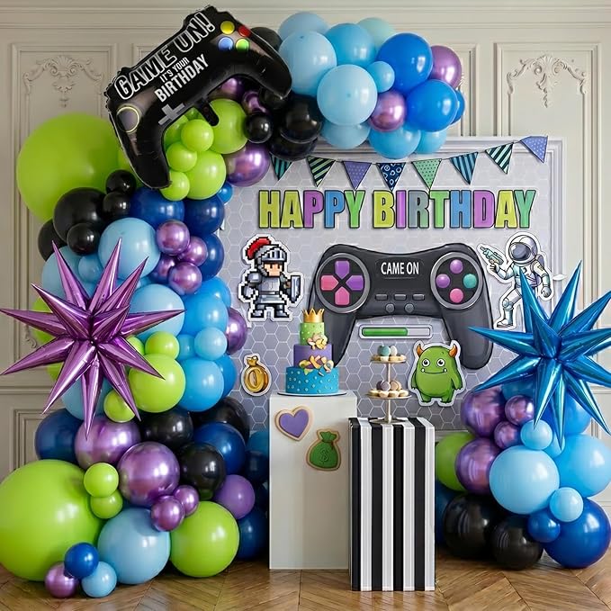 Video game balloon garland arch kit 140pcs purple blue green black balloons by yeewaka