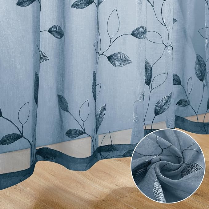 HOMEIDEAS Stone Blue Floral Sheer Curtains 84 Inches Long 2 Panels Embroidered - Image 8