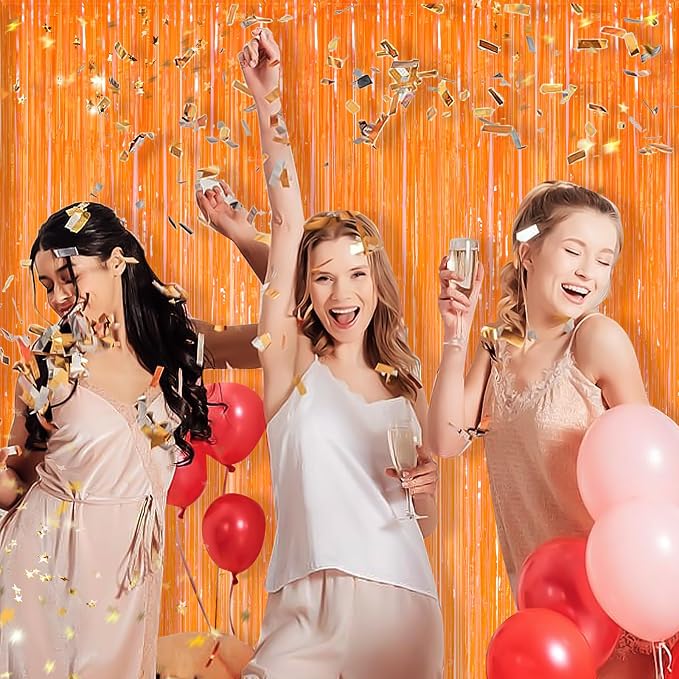 Orange Metallic Tinsel Foil Fringe Curtains, 2 Pack 3.3x8.3 Feet Party Streamer - Image 3