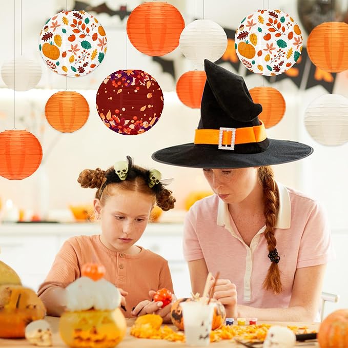 12PCS Fall Paper Lanterns Orange Maple Leaves Thanksgiving Decor | Orange - Image 7