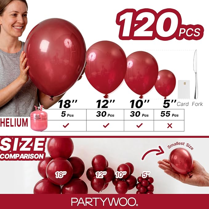 PartyWoo Burgundy Balloons 120pcs Dark Chestnut Red Maroon Color | 18 12 10 5 - Image 6