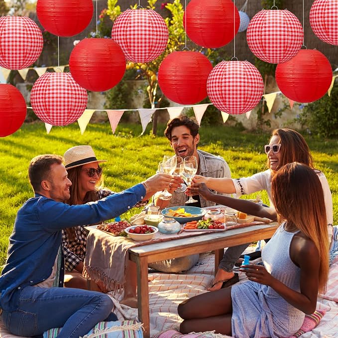 Honoson 12 Pcs Red Gingham Paper Lanterns Picnic Party Decoration 10 Inch - Image 4