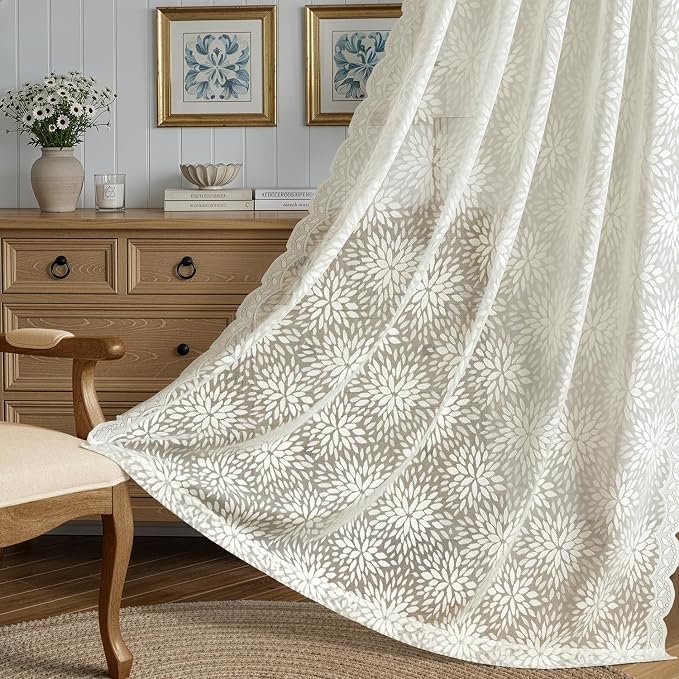 MIULEE Vintage Floral Scalloped Lace Curtains 2 Panels, Ivory 52" W x 84" L | - Image 3