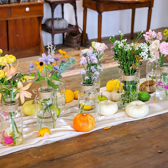 Set of 6 Vintage Glass Vases for Flowers Farmhouse Clear Glass Vases for Centerpieces Small Flower Vases with Twine Ties for Wedding, Parties & Home Decor
