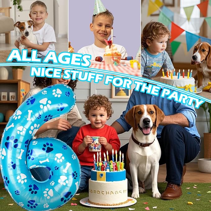 40 Inch Blue Dog Paw Birthday Balloons, Number 6 Balloons - Image 5